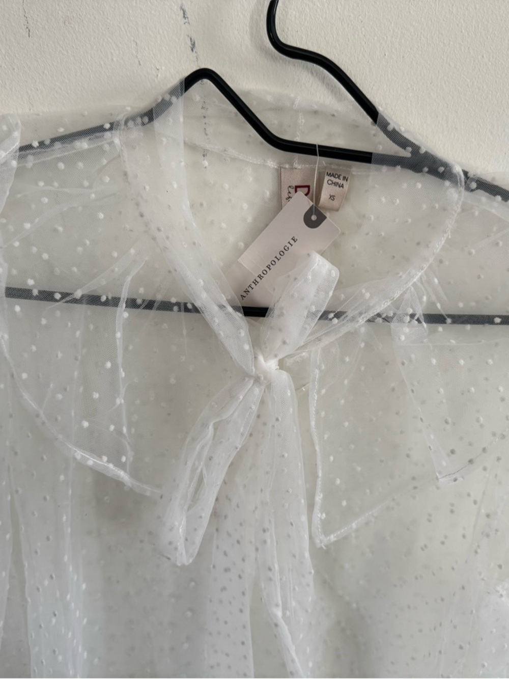 Antrhopologie White dolan Sheer White Swiss Dot Tie-Neck Blouse - Picture 4 of 5